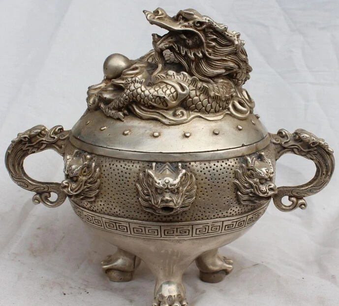 

9" Chinese Silver 9 Dragon Dragons Lion Beast Ball Incense Burner Censer Statue S0708