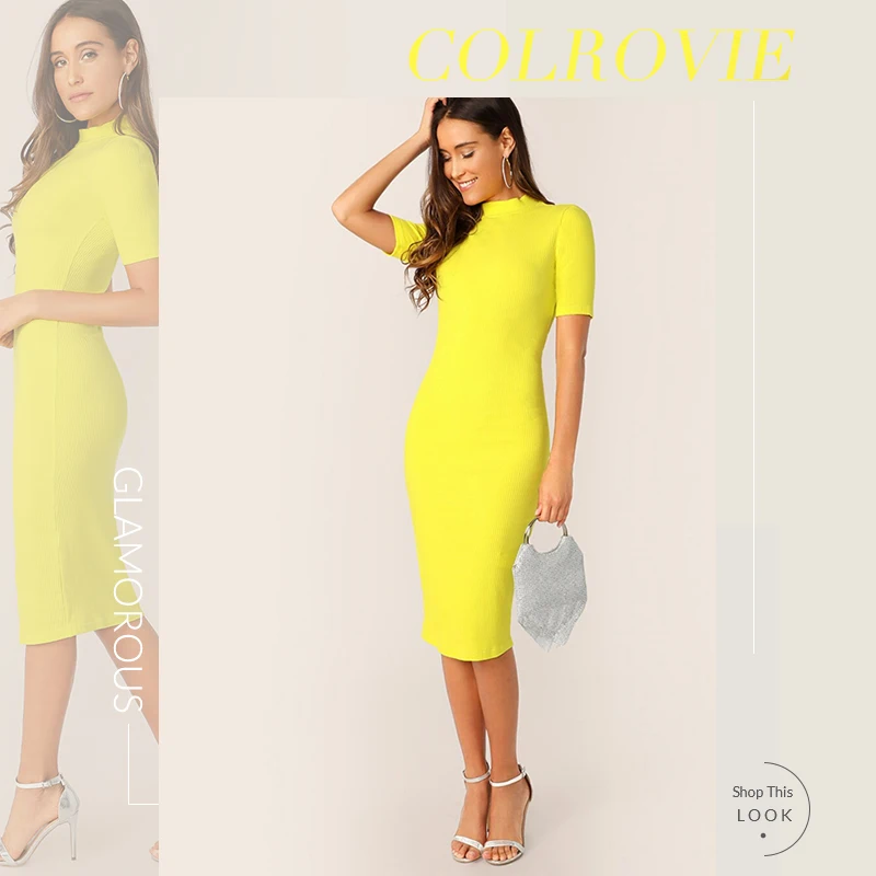 COLROVIE неоново-желтое женское платье-карандаш с воротником-стойкой,, летнее элегантное облегающее платье с коротким рукавом, весеннее офисное женское платье миди