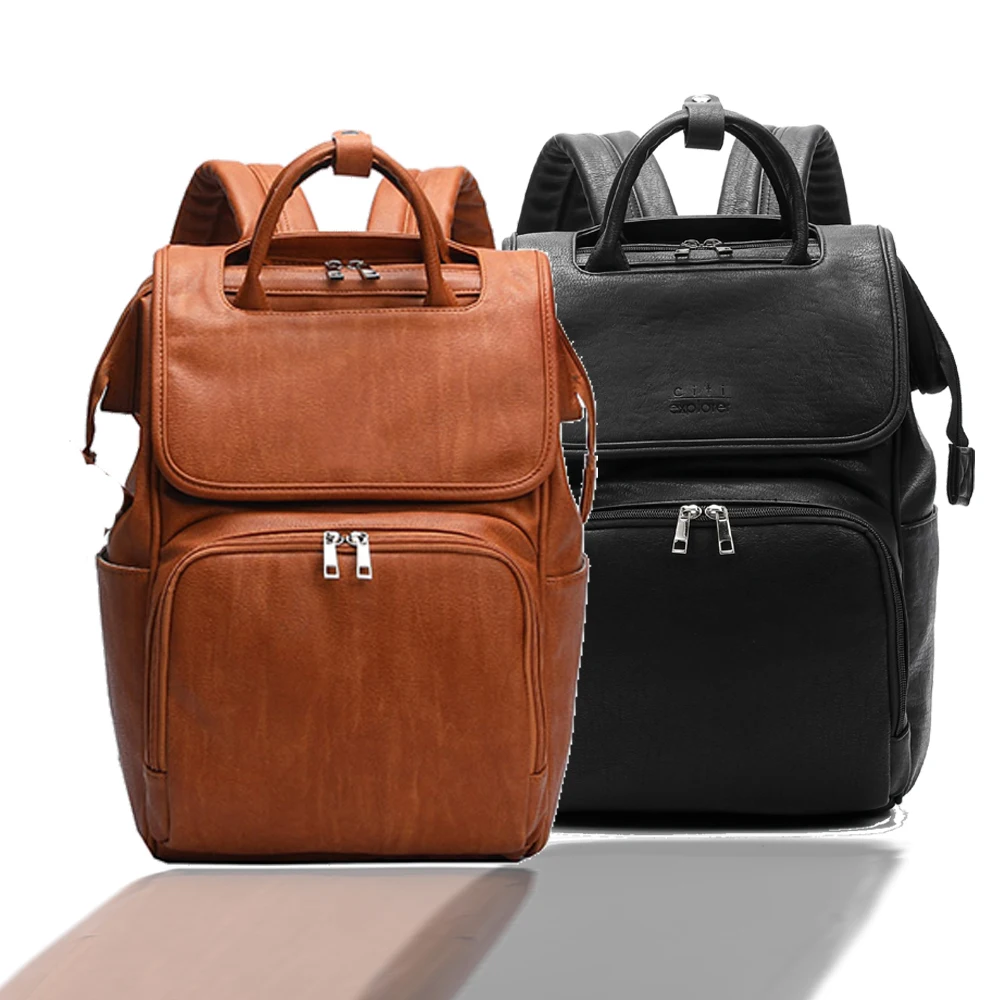 High Quality PU Leather Travel Backpack +Changing Pad+Stroller Straps