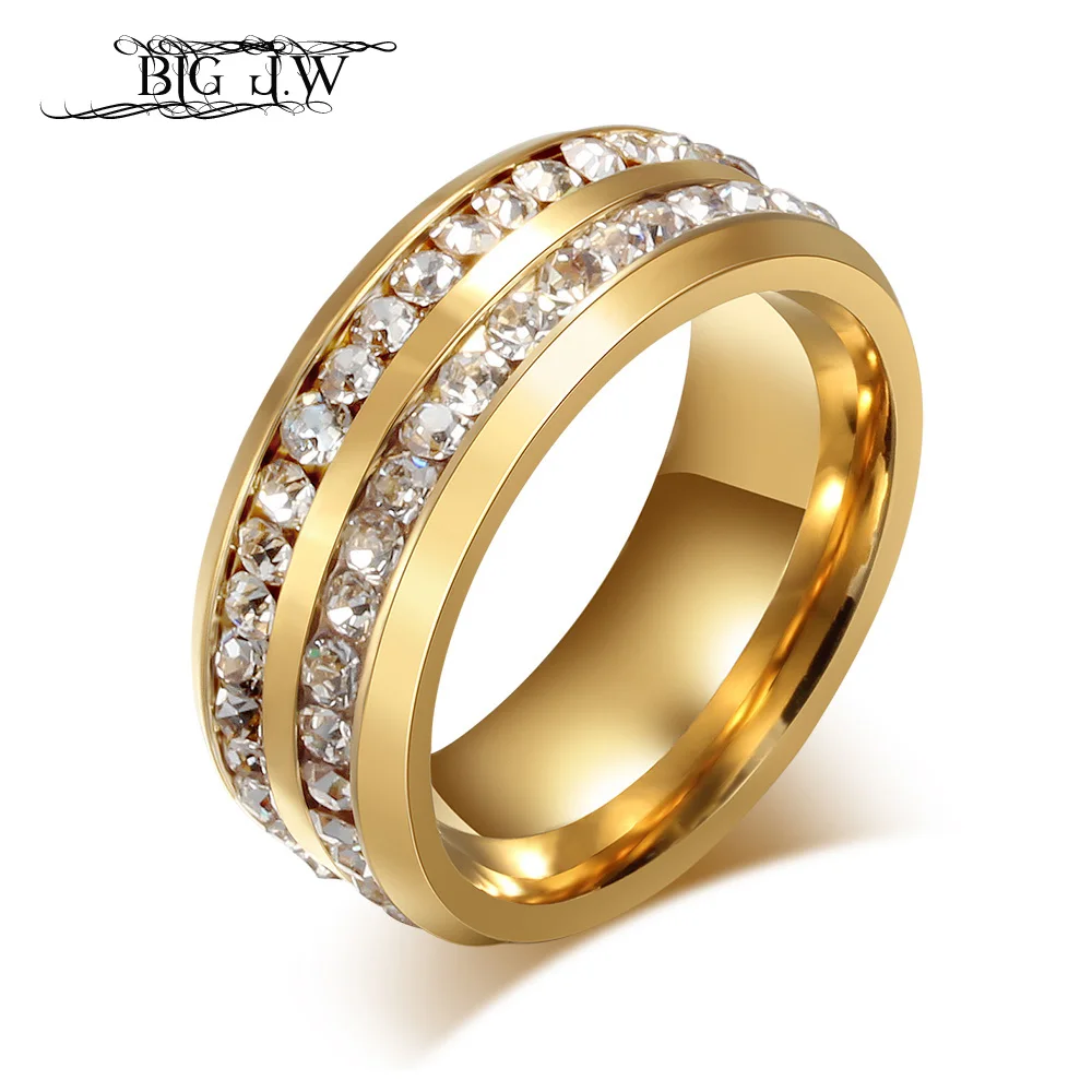 

BIG J.W Wedding Rings 4 Colors Stainless Steel Rings for Women Anel Jewelry Two Rows Crystal Men and Women Ring Wholesale