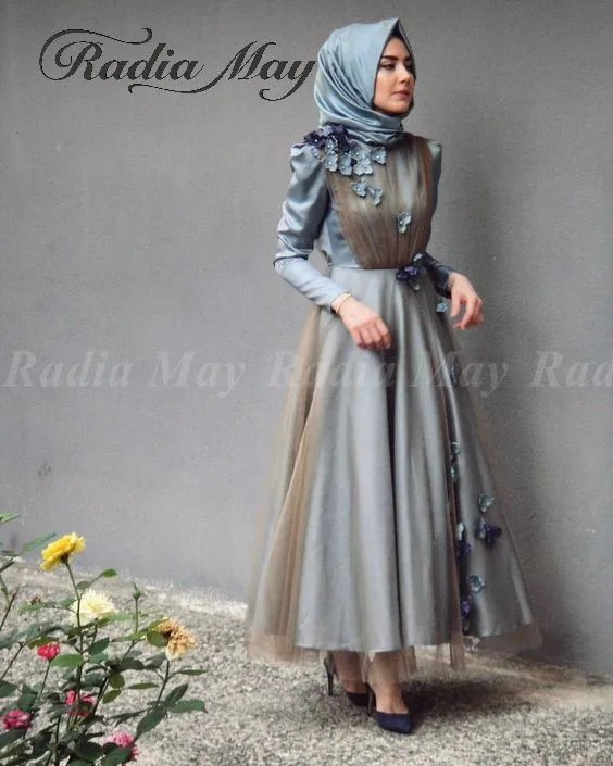 Винтажное мусульманское вечернее платье длиной до щиколотки серого и синего цвета с хиджабом, длинными рукавами, 3D цветами, арабским кафтаном, Дубай, вечерние платья для выпускного вечера