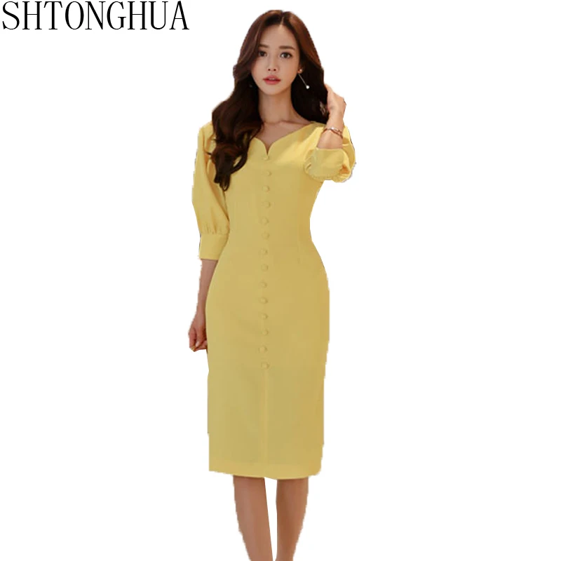 

SHTONGHUA Fashion Yellow Single Breasted Bodycon Women Dress Office Lady Summer Pull Sleeve Sheath Pencil Dress V Neck OL Dress