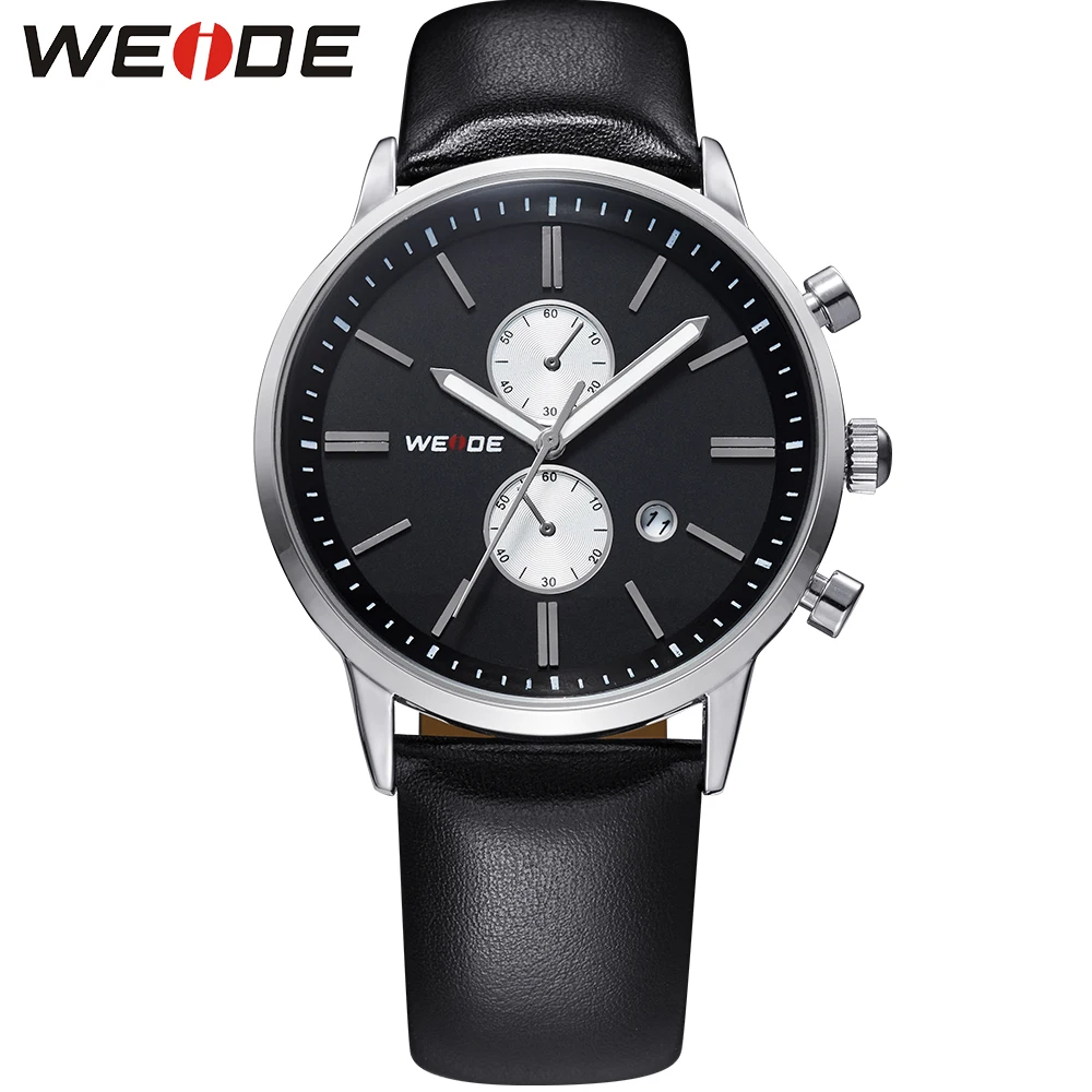 ФОТО WEIDE Top Brand Complete Calendar Men Watches Waterproof Stainless Steel Back With Real Leather Strap Quartz Movement Sale Items