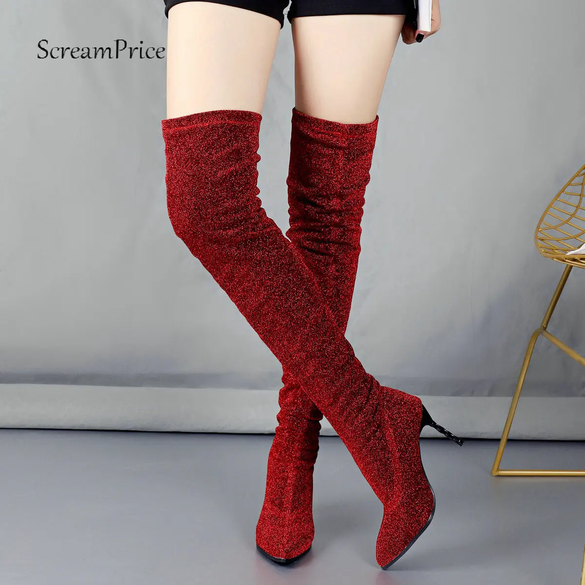 

Fashion Over the Knee Women Shining Sexy Thin High Heel Thigh Boots Slip On Pointed Toe Autumn Winter Woman Shoes Plus Size 2018
