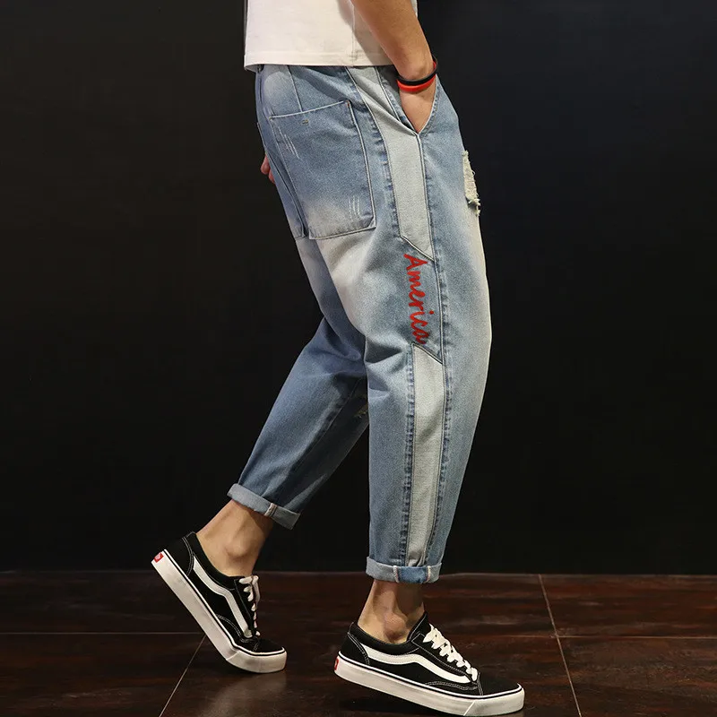 

2018 New Loose Men's Harem Pants Jeans Fashion Loose Holes Ripped Washed Ankle-Length Jeans Denim Trousers Blue/Black 28-42