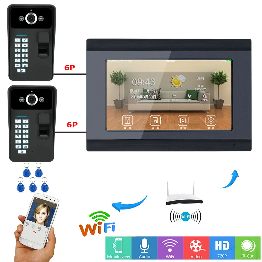 7 inch Wired Wifi Fingerprint RFID Video Door Phone Doorbell Intercom Entry System with 2 X IR-CUT 1000TVL Wired Camera