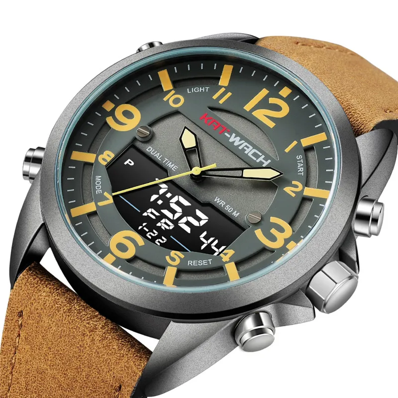 

KAT-WACH Luxury Brand Watch Men Genuine Leather Strap Big Size 53mm Dual Display LED Analog Digital Watch Male Army Watch