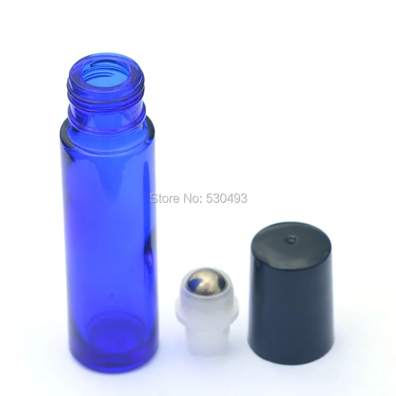 50pcs 10ml Blue Perfume Roller Bottle Essential Oil Empty Roll On Sample Glass Bottle with Black