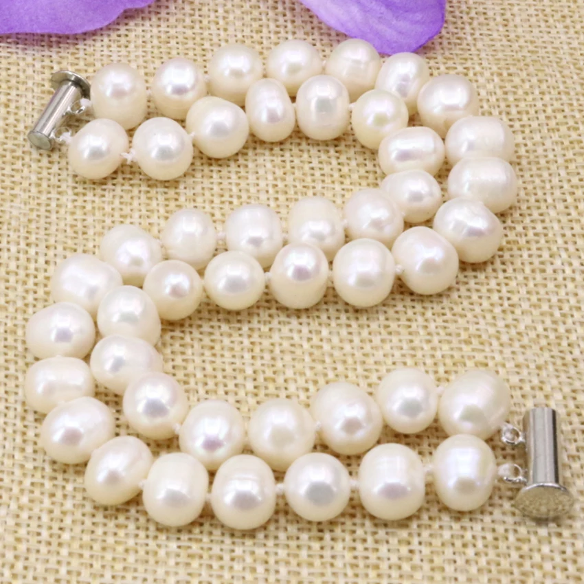 

Charms natural white 8-9mm nearround pearl beads strand 2 rows bracelets & bangle for women high quality jewelry 7.5inch B3178