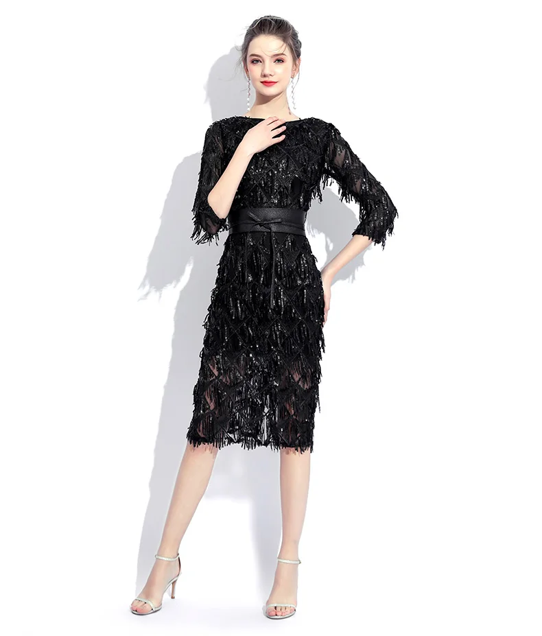 New Black O-neck Half Sleeves Cocktail Party Dress Sheath Sequin Knee Length Elegant Lace Dress Formal Party Dress LYFY34