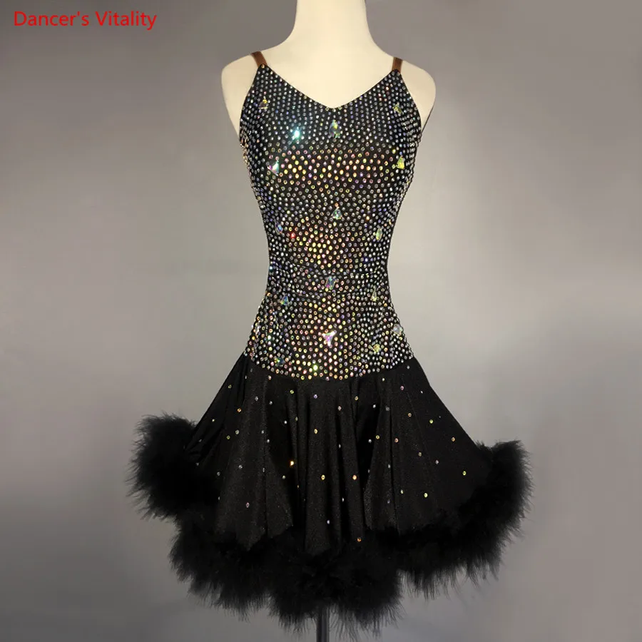 Ребенок в латинском стиле для детей платье для танцев роскошный алмаз Для женщин обувь для девочек, бальное платье, для вальса Румба Самба танец сценические костюмы для выступлений; танцевальная одежда - Цвет: Черный