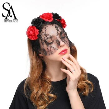 

SA SILVERAGE Red/Black Flower Hairbands for Woman Halloween Headdress Rose Lace Veil Hair Accessories Trendy 2018 New