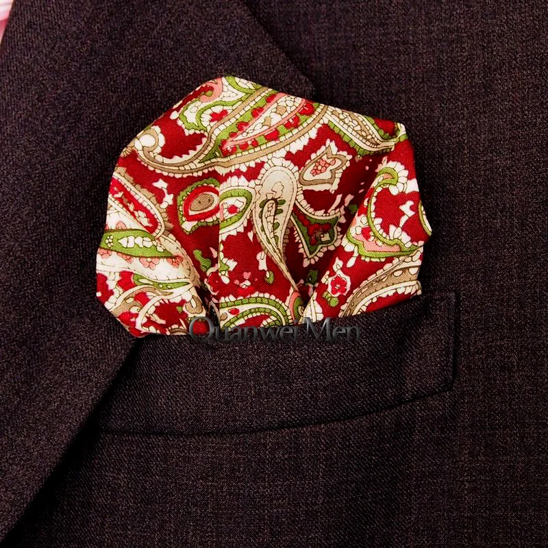 Free Shipping Paisley Red Khaki Cotton Hanky 100 Mens Pocket Square