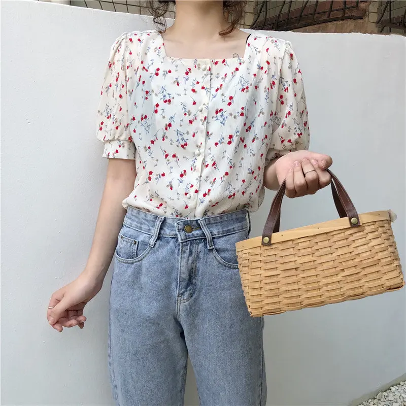 

Alien Kitty Holiday Summer Print Floral Chic Loose Vintage Girls Puff Sleeves Sweet Fresh Fashion Casual Female Chiffon Shirt