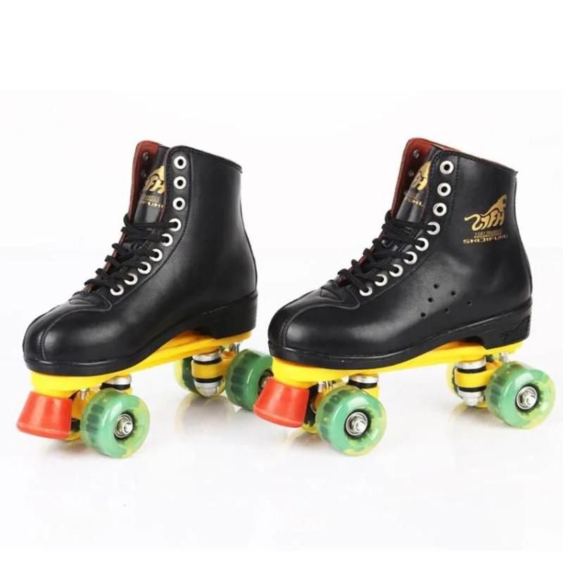 زلاجات دوارة جلد طبيعي أسود مع الأخضر Led الإضاءة عجلات مزدوجة خط Patines الكبار 4 عجلات اثنين خط أحذية التزلج