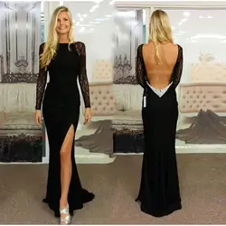 Vestido Mae да Noiva лодка Ncek одежда с длинным рукавом вечернее платье Сексуальная спинки с боковыми Русалка Кружева Черный Свадебная вечеринка