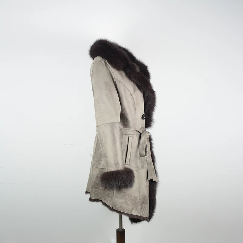 Real Fur Shearling Coat Women Real Fox Fur Collar Natural Rabbit Fur Shearling Outwear rf0289