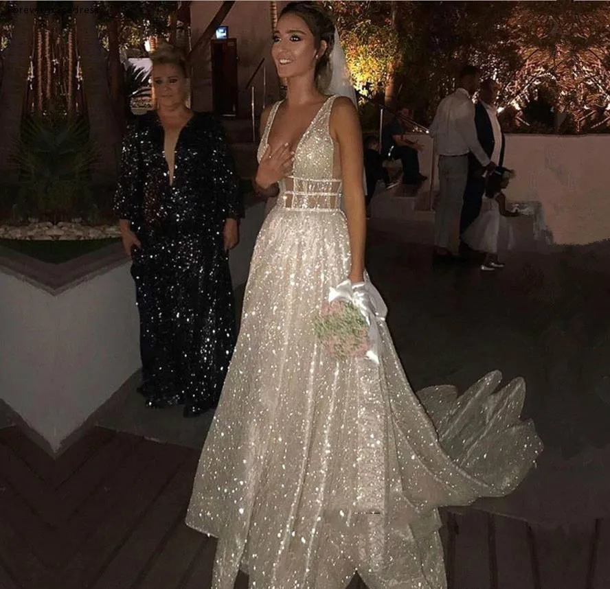 Sparkle Silver Sequins Evening Dresses Formal A Line Deep V Neck Backless Long Vestidos Prom Gowns BC0843  145 (8)