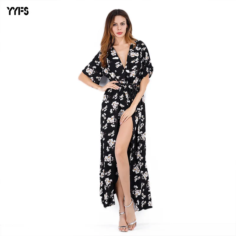 

Broken Flower Dresses V-collar Sexy Chiffon Women's Wear Printed Hot-selling Explosive Beach in Europe