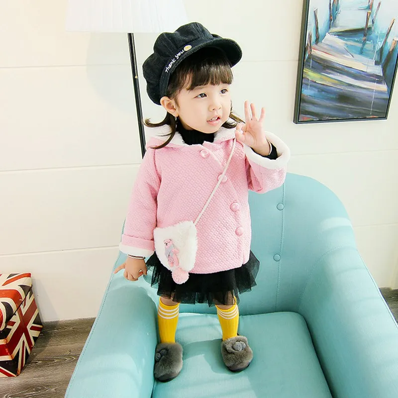 Baby girl Coat In Autumn and winter  Pure color dots Little bear bag Hooded jacket for Kids Children  (17)