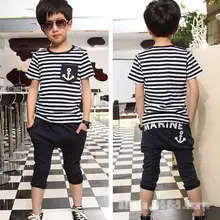 Модная детская одежда для маленьких мальчиков 2 шт. комплект летняя одежда полосатый якорь Топы+ морские брюки