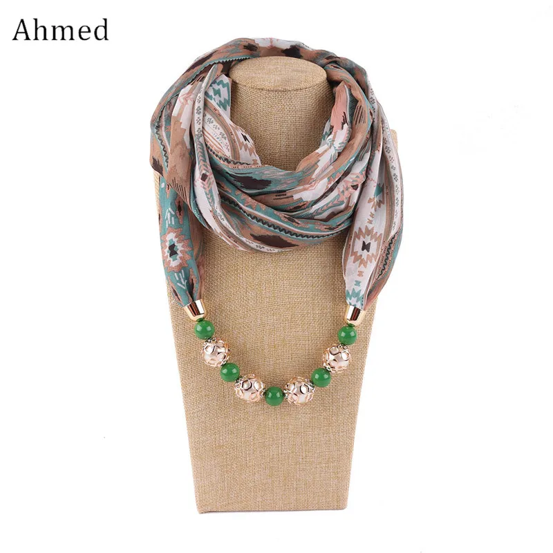 

Ahmed Fashion Bohemian Scarf Necklaces Pendant for Women Colorful Beads Printed Chiffon Scarf Jewelry Soft Jewelry Wholesale