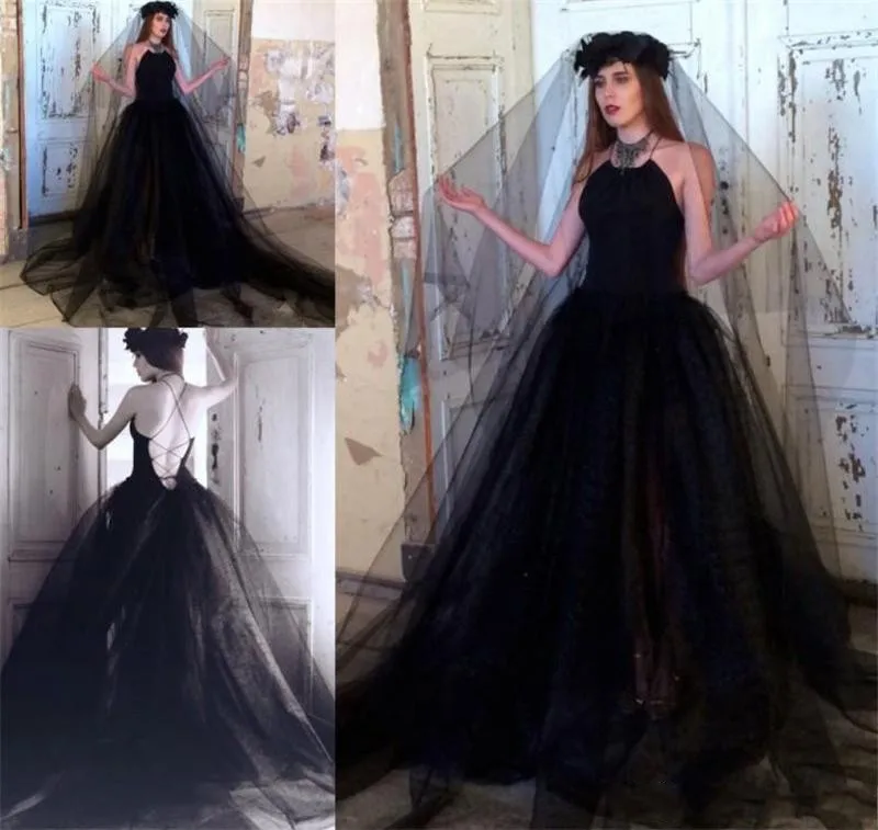 

Gothic Style Black Wedding Dresses Backless Tulle A Line Bridal Gown 2019 Newest Vintage Design Bridal Gowns wedding gowns