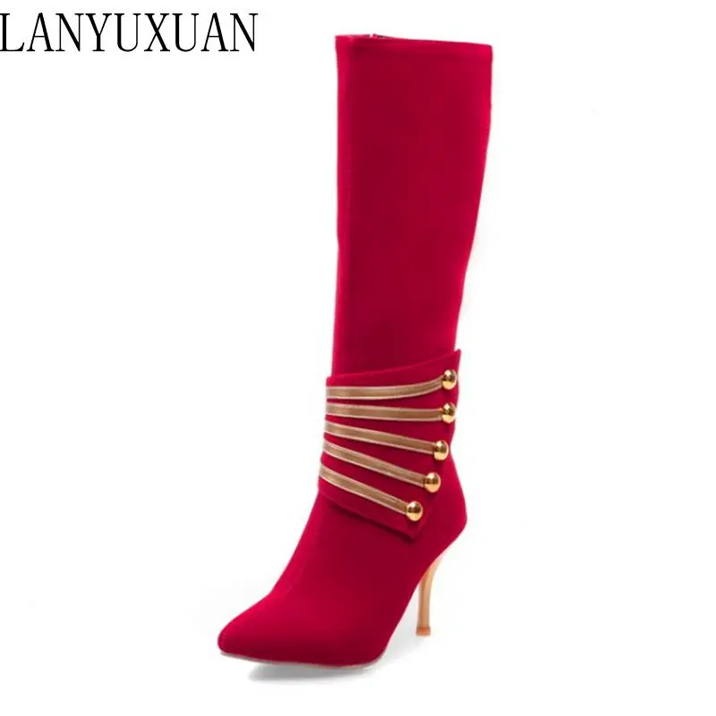 

LANYUXUAN Plus Winter Boots shoes woman Botas Mujer Big Size 34-45 High Heels Autumn Winter Women shoes Sexy Elegant Boots 6-10