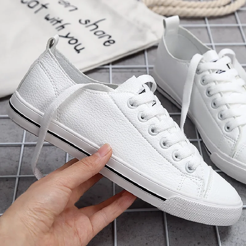 

Women Casual Shoes 2019 Breathable Leather Women Sneakers Fashion Female White Flats Spring Summer Lace Up QQ-42