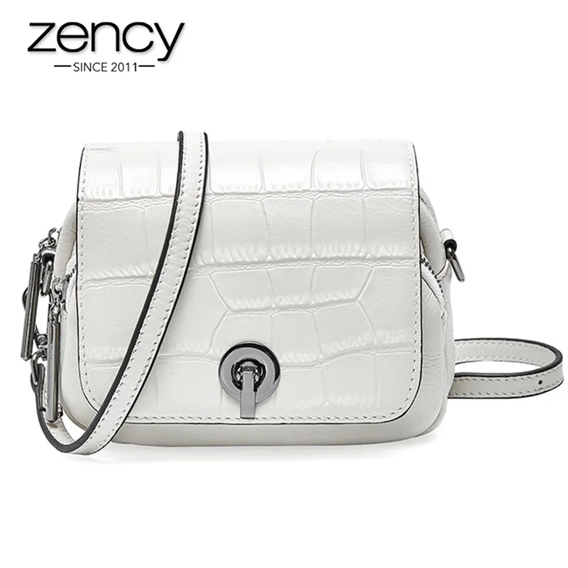 

Zency New Fashion Top Layer Cowhide Leather Women Shoulder Bag Crocodile Pattern Flip Small Round Messenger White Black