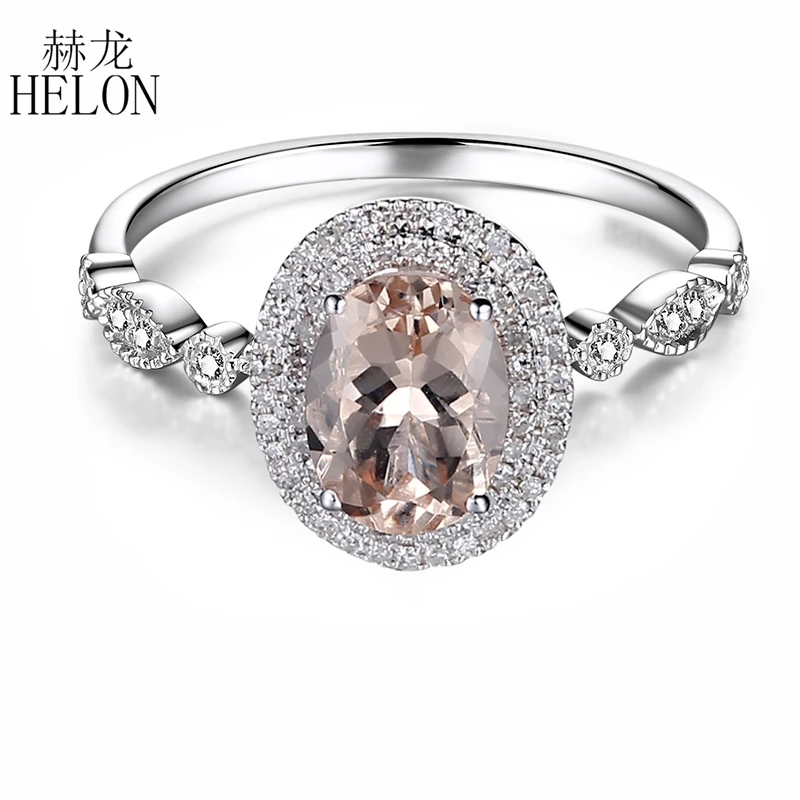 

HELON Oval Cut 0.8ct Morganite Solid 14K White Gold Certified Round Diamonds Engagement Ring Women Wedding Romantic Gift Jewelry