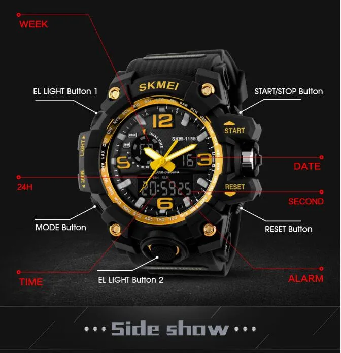 SKMEI стильные мужские часы, спортивные часы с двойным дисплеем, мужские часы, спортивные часы, люксовый бренд, светодиодный, военные, водонепроницаемые мужские наручные часы