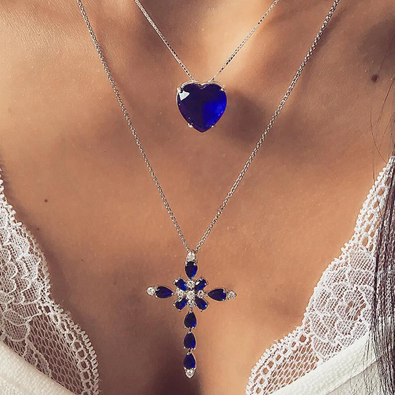 2 Pcs/Set Exquisite Women Heart Love Cross Crystal Pendant Silver Color Necklace Girl Engagement Party Fashion | Украшения и