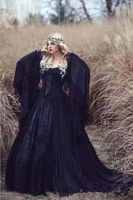 Retro 2019 Black Gothic Wedding Dresses Off The Shoulder A Line Bell ...