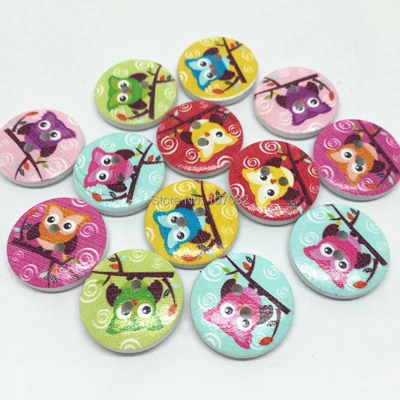 1000pcs 15mm Mixed Wood Owls Buttons Round 2hole Sewing Accessories
