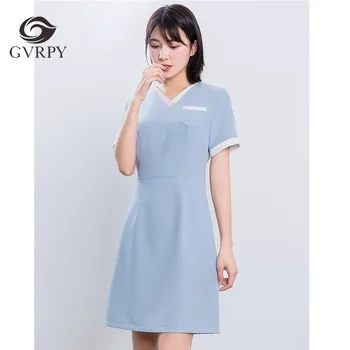 

High Quality V-neck Slim Nurse Uniform Beauty Salon Dental Clinic Medical Uniform Women Short Sleeve Colorblock Dress Breathable
