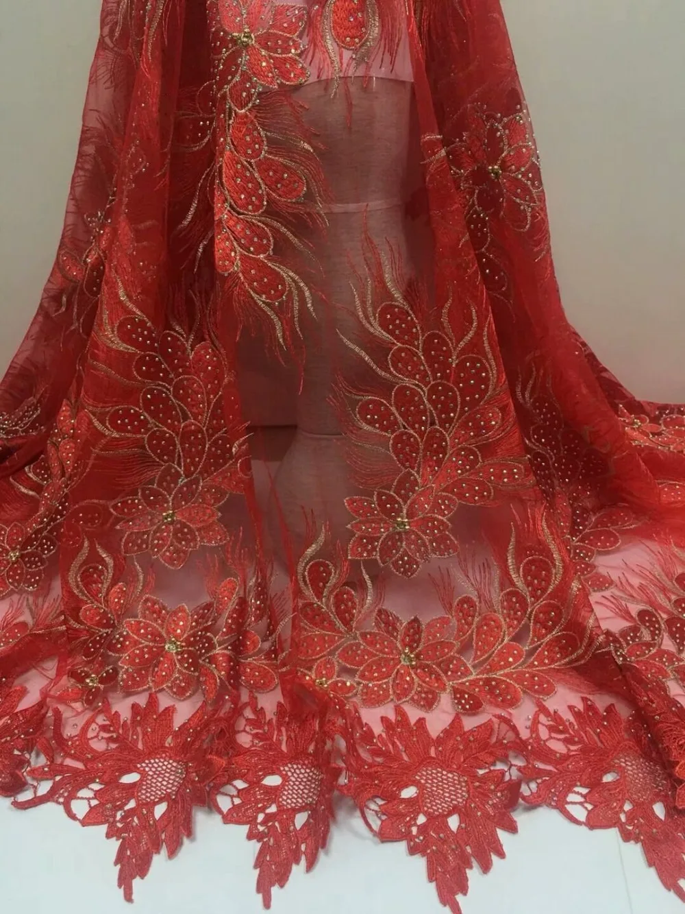 

red Color Embroidered African Beaded Lace Fabric Materials Bridal French Lace Fabric With Stones French Tulle Lace Fabrics