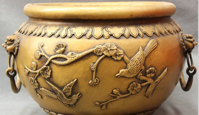 

JP S0608 17" Folk Chinese Bronze Buddhism FengShui Lion Head Statue Bowl Jar Jug Censer