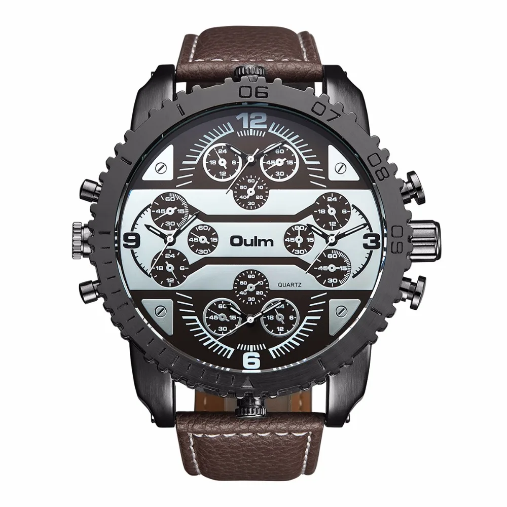 OULM 3233 Mens Big Face Watches 4 Time Zone Leather Band Casual Quartz