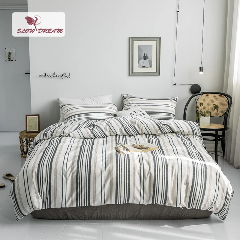 

SlowDream Striped Bedspread Gray Bed Linens Flat Sheet 100% Cotton Beding Set Pillowcase Single Nordic Double Duvet Cover Set