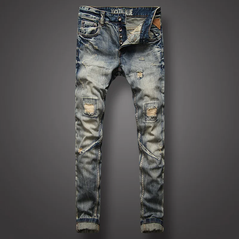 Italian Retro Style Fashion Mens Jeans High Quality Slim Fit Frayed