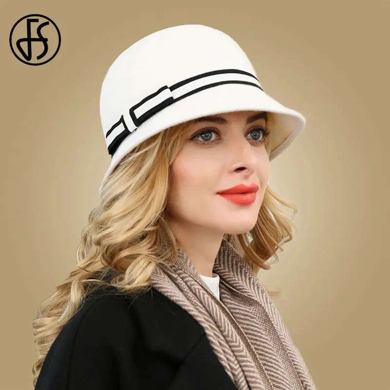 

FS Vintage Women Wool Fedoras White Hat With Bow Ribbon Wide Brim Felt Church Ladies Hats Elegant Winter Cloche Hat Black Caps