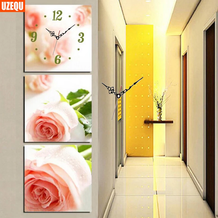 

UzeQu Triptych 5D DIY Diamond Painting Cross Stitch Flower Rose Wall Clock Diamond Embroidery Full Round Diamond Mosaic Watch