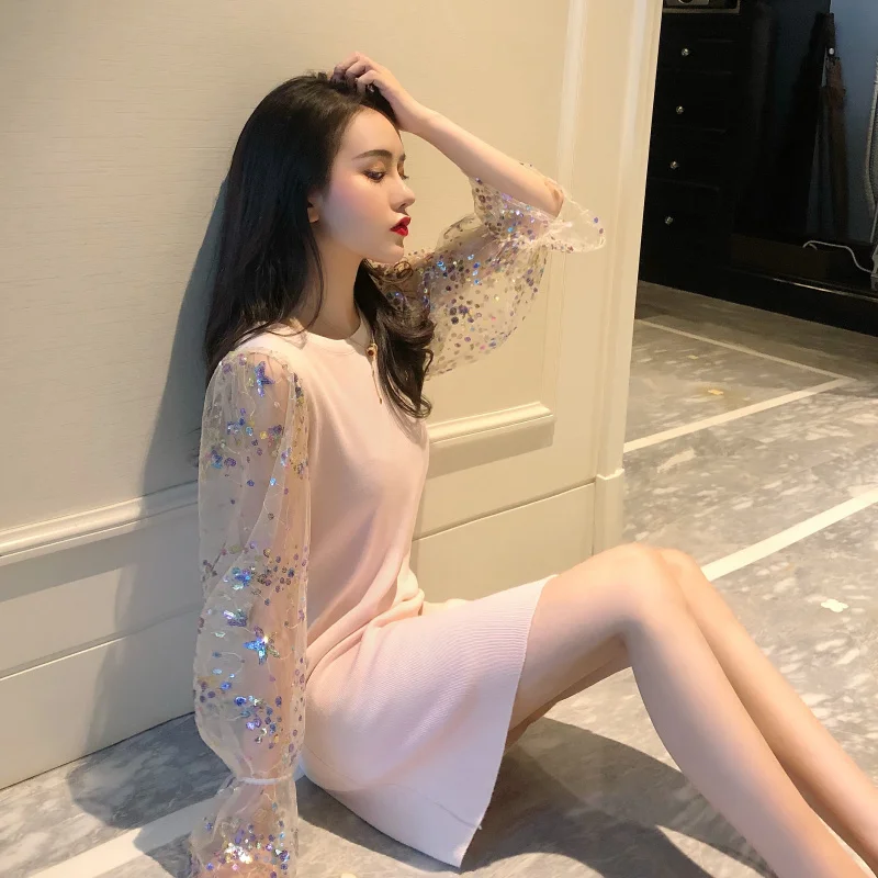 

autumn fashion brands Women's Clothing knitted mesh sequined dresses perspective Female Korean style puff sleeve chic dress new