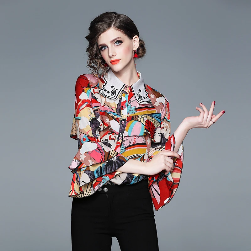 

Top Brand Fashion Women Blouses and Shirts 2019 Spring Designer Flare Sleeve Character Print Chiffon Shirt Office Casual Blusas