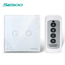 SESOO EU/UK 2 gangs 1 way remote control touch switch remote wall lamp switch crystal lace of toughened glass