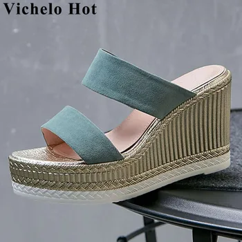 

Vichelo Hot full grian leather wedges platform super high bottom slip on mules vocation party women sandals increased shoes L6f2