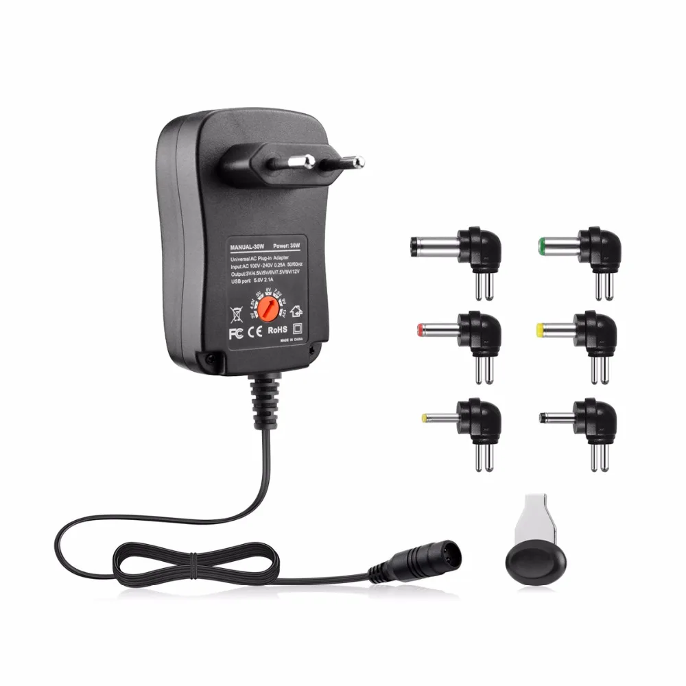 

30W Universal EU Plug in switch Adapter 3v 4.5v 5v 6v 7.5v 9v 12v charger 6 pieces connection tip power supply 5V 2.1A USB Port
