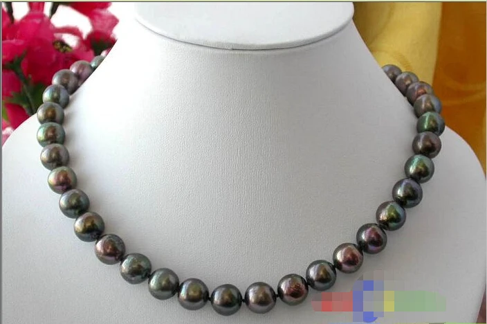 

p1089 17" 12MM ROUND PEACOCK BLACK FRESHWATER PEARL NECKLACE ^^^@^Noble style Natural Fine jewe FREE SHIPPING