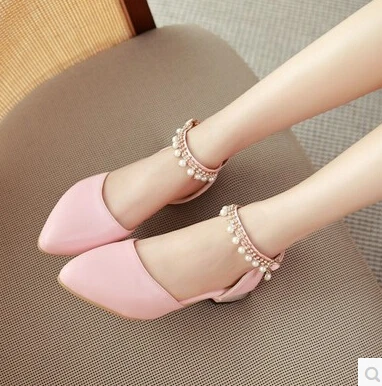 

New Sandals Female Summer Sweet Pointed Beaded Shoes Word Leisure Side With Low With The Students Shoes Larger Size 34-43